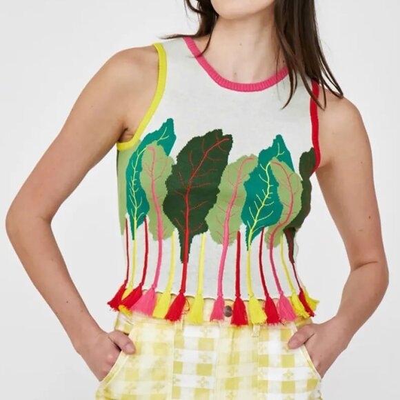 Rachel Antonoff Rainbow Chard Shell Sweater Tank Vest Cropped Lettuce Leaf L - Picture 1 of 12
